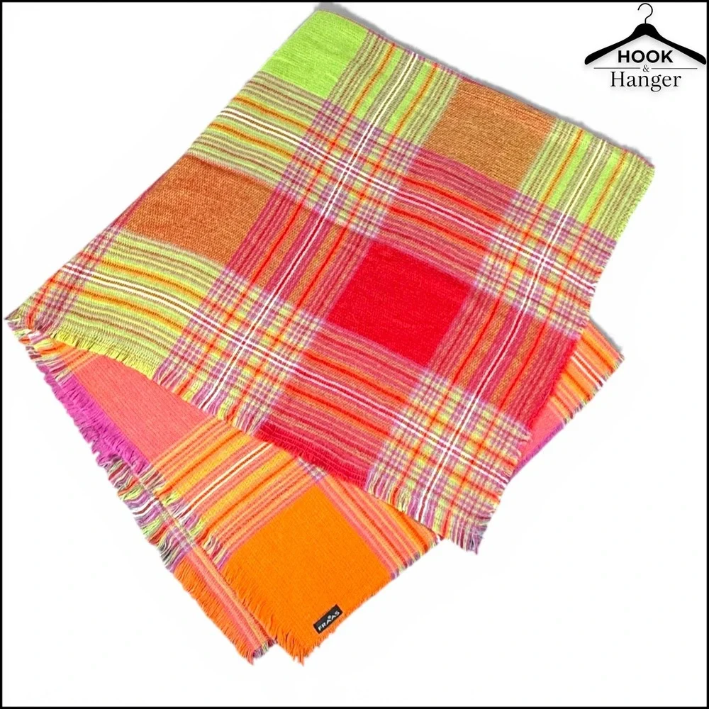V. Fraas Plaid Blanket Square Scarf German Orange Pink Green Vibrant Wrap Fringe